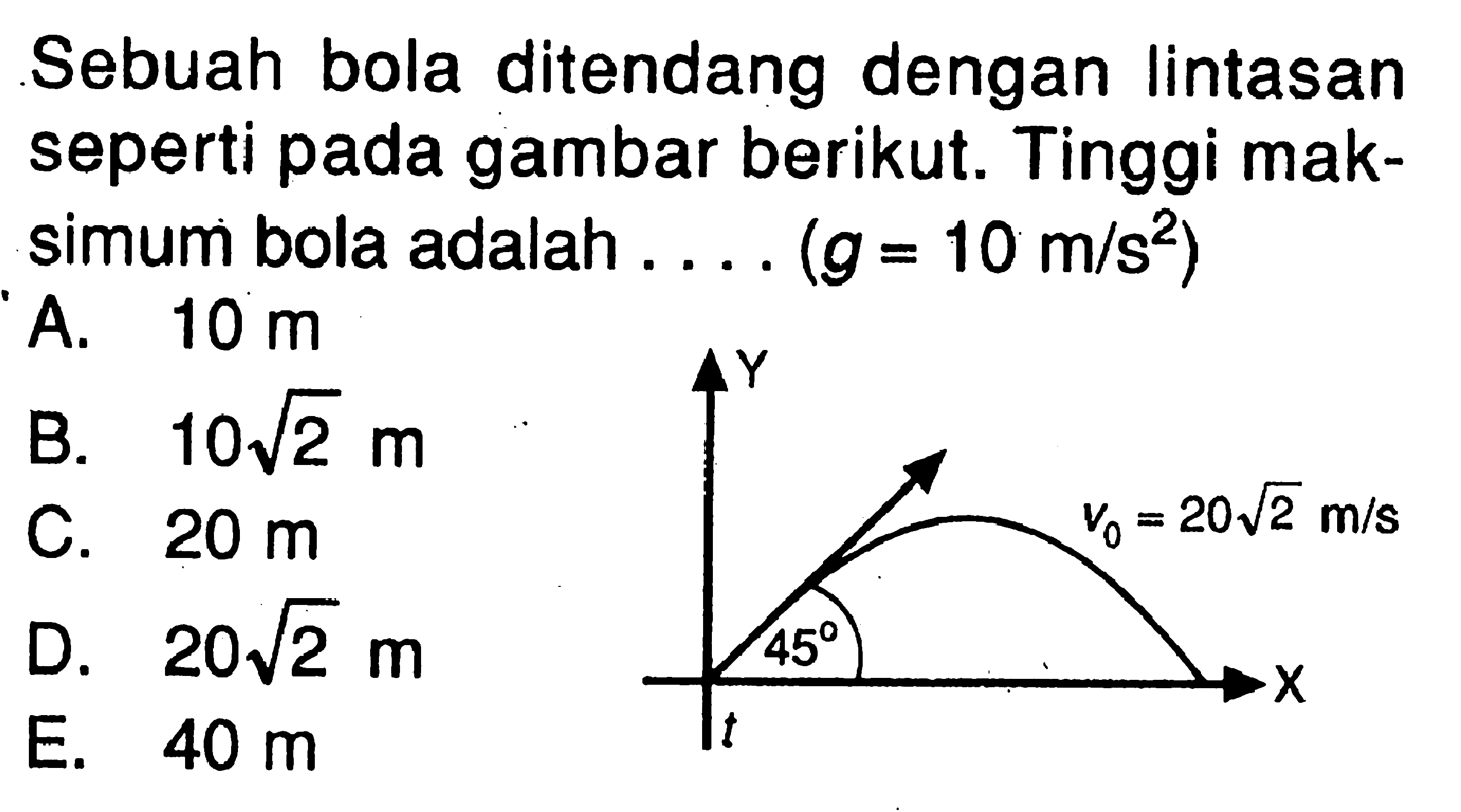 Sebuah bola ditendang dengan lintasan seperti pada gambar berikut. Tinggi maksimum bola adalah.... (g=10 m/s^2) v0=20 akar(2) m/s 45 