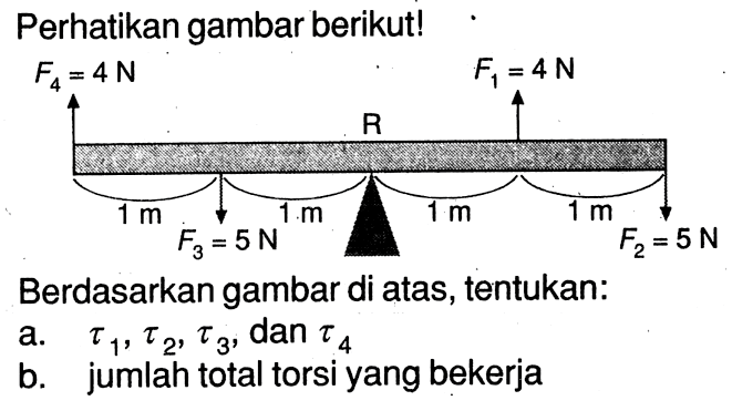 Perhatikan gambar berikut!F4=4N  F1=4NR1m 1m 1m 1m F3=5N  F2=5NBerdasarkan gambar di atas, tentukan:
a.  tau1, tau2, tau3, dan tau4 
b. jumlah total torsi yang bekerja