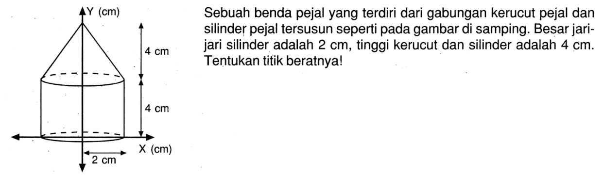 Sebuah benda pejal yang terdiri dari gabungan kerucut pejal dan silinder pejal tersusun seperti pada gambar di samping. Besar jari-jari silinder adalah 2 cm, tinggi kerucut dan silinder adalah 4 cm. Tentukan titik beratnya!