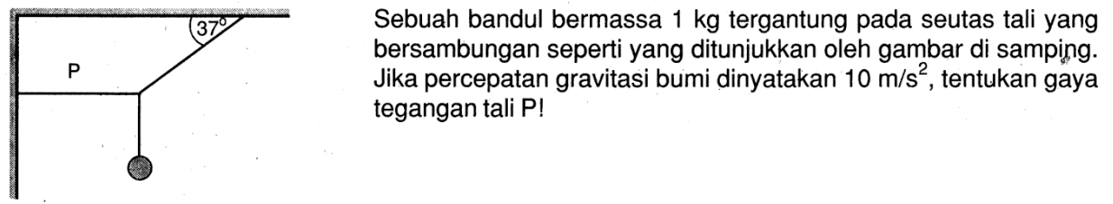 Sebuah bandul bermassa 1 kg tergantung pada seutas tali yang bersambungan seperti yang ditunjukkan oleh gambar di samping. Jika percepatan gravitasi bumi dinyatakan 10 m/s^2, tentukan gaya tegangan tali P! 37