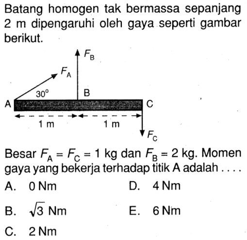 Batang homogen tak bermassa sepanjang 2 m dipengaruhi oleh gaya seperti gambar berikut. FB FA 30 1 m 1 m FC Besar FA = FC = 1 kg dan FB = 2 kg. Momen gaya yang bekerja terhadap titik A adalah ....