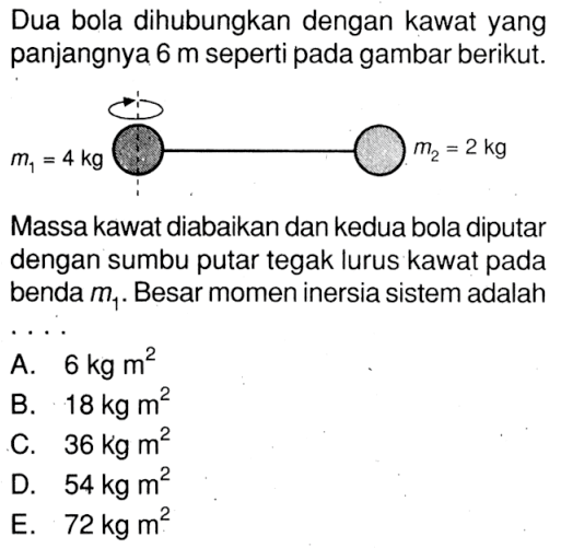 Dua bola dihubungkan dengan kawat yang panjangnya 6 m seperti pada gambar berikut. Massa kawat diabaikan dan kedua bola diputar dengan sumbu putar tegak lurus kawat pada benda m1. Besar momen inersia sistem adalah....