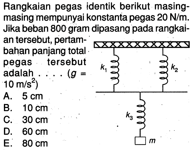 Rangkaian pegas identik berikut masing- masing mempunyai konstanta pegas 20 N/m. Jika beban 800 gram dipasang pada rangkai-an tersebut,pertam-bahan panjang total pegas tersebut adalah . . . . (g = 10 m/s?) k1 k2 k3 m