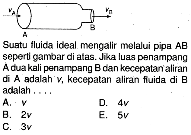 VA      VB   A      BSuatu fluida ideal mengalir melalui pipa AB seperti gambar di atas. Jika luas penampang A dua kali penampang B dan kecepatan aliran di A adalah v, kecepatan aliran fluida di B adalah....
