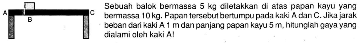 A  CBSebuah balok bermassa 5 kg diletakkan di atas papan kayu yang bermassa 10 kg. Papan tersebut bertumpu pada kaki A dan C. Jika jarak beban dari kaki A 1 m dan panjang papan kayu 5 m, hitunglah gaya yang dialami oleh kaki A!