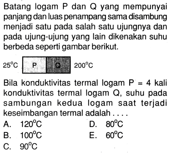 Batang logam P dan Q yang mempunyai panjang dan luas penampang sama disambung menjadi satu pada salah satu ujungnya dan pada ujung-ujung yang lain dikenakan suhu berbeda seperti gambar berikut.
25 C  P Q 200 C
Bila konduktivitas termal logam P = 4 kali konduktivitas termal logam Q, suhu pada sambungan kedua logam saat terjadi keseimbangan termal adalah ....
