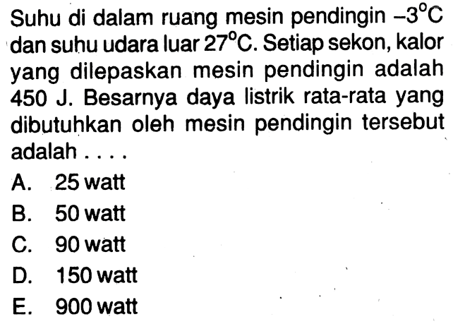 Suhu di dalam ruang mesin pendingin -3 C dan suhu udara luar 27 C. Setiap sekon, kalor yang dilepaskan mesin pendingin adalah 450 J. Besarnya daya listrik rata-rata yang dibutuhkan oleh mesin pendingin tersebut adalah ....