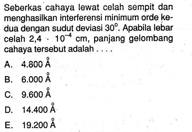 Seberkas cahaya lewat celah sempit dan menghasilkan interferensi minimum orde kedua dengan sudut deviasi 30. Apabila lebar celah 2,4 . 10^-4 cm, panjang gelombang cahaya tersebut adalah....