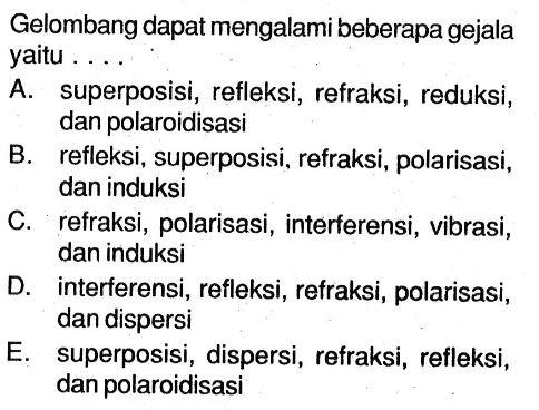 Gelombang dapat mengalami beberapa gejala yaitu ....A. superposisi, refleksi, refraksi, reduksi, dan polaroidisasiB. refleksi, superposisi, refraksi, polarisasi, dan induksiC. refraksi, polarisasi, interferensi, vibrasi, dan induksiD. interferensi, refleksi, refraksi, polarisasi, dan dispersiE. superposisi, dispersi, refraksi, refleksi, dan polaroidisasi