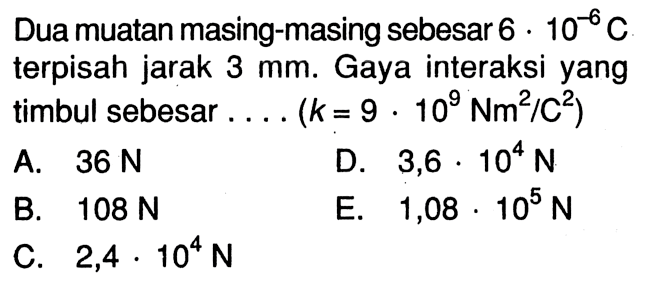 Dua muatan masing-masing sebesar 6 . 10^(-6) C terpisah jarak 3 mm. Gaya interaksi yang timbul sebesar .... (k = 9 . 10^9 Nm^2/C^2)