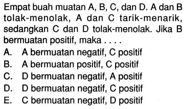 Empat buah muatan A, B, C, dan D. A dan B tolak-menolak, A dan C tarik-menarik, sedangkan C dan D tolak-menolak. Jika B bermuatan positif, maka....