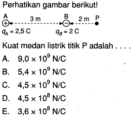 Perhatikan gambar berikut!A 3 m B 2 m P qA = 2,5 C qB = 2 CKuat medan listrik titik P adalah ....