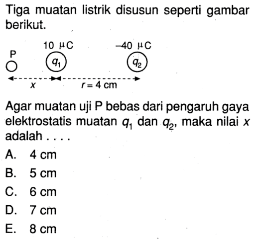 Tiga muatan listrik disusun seperti gambar berikut.P x q1 10 muC r = 4 cm q2 -40 muC Agar muatan uji  P  bebas dari pengaruh gaya elektrostatis muatan  q1  dan  q2, maka nilai  x  adalah ....