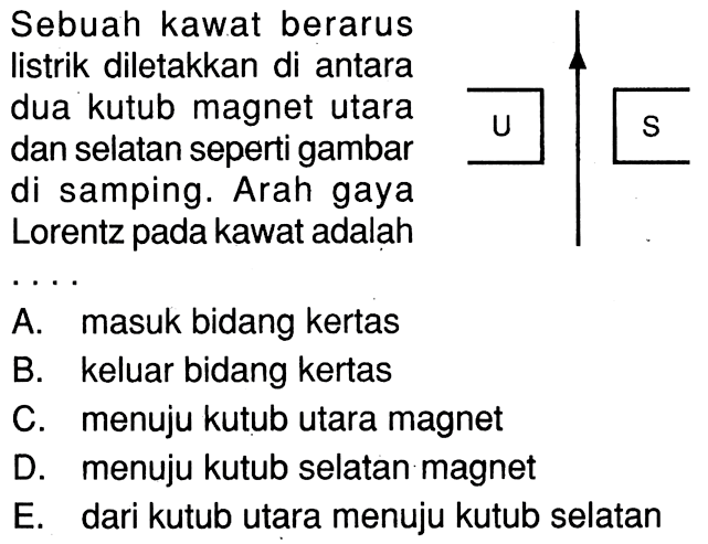 Sebuah kawat berarus listrik diletakkan di antara dua kutub magnet utara dan selatan seperti gambar di samping. Arah gaya Lorentz pada kawat adalah .... U S