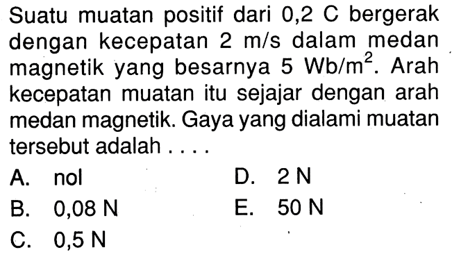 Suatu muatan positif dari 0,2 C bergerak dengan kecepatan 2 m/s dalam medan magnetik yang besarnya 5 Wb/m^2. Arah kecepatan muatan itu sejajar dengan arah medan magnetik. Gaya yang dialami muatan tersebut adalah....