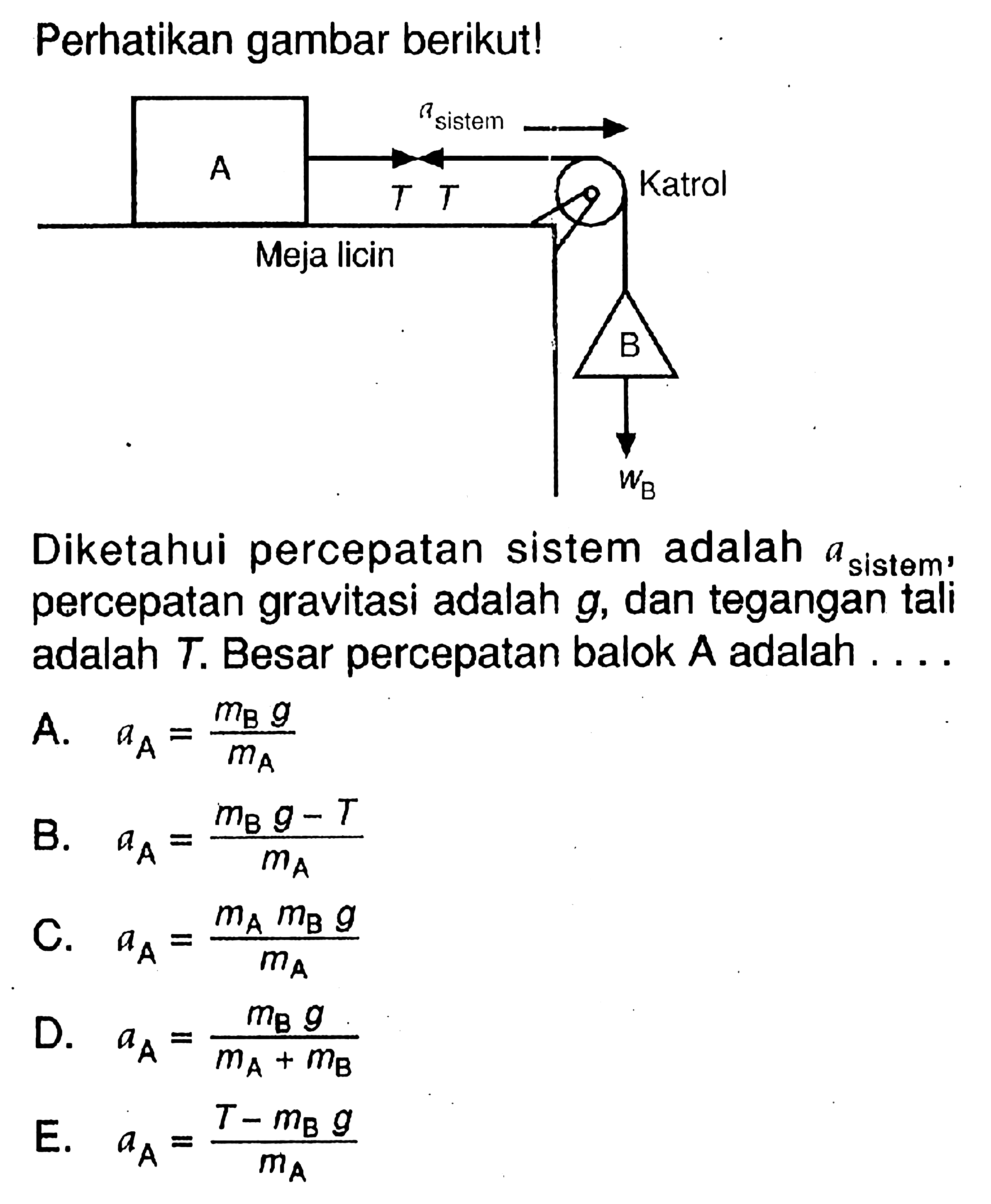 Perhatikan gambar berikut!Diketahui percepatan sistem adalah  a sistem   percepatan gravitasi adalah  g , dan tegangan  tali adalah  T . Besar percepatan balok  A  adalah  ... A.   aA=mB g/mA B.  aA=mB g-T/mA C.  aA=mA mB g/mA D.  aA=mB g/mA+mB E.   aA=T-mB g/mA 