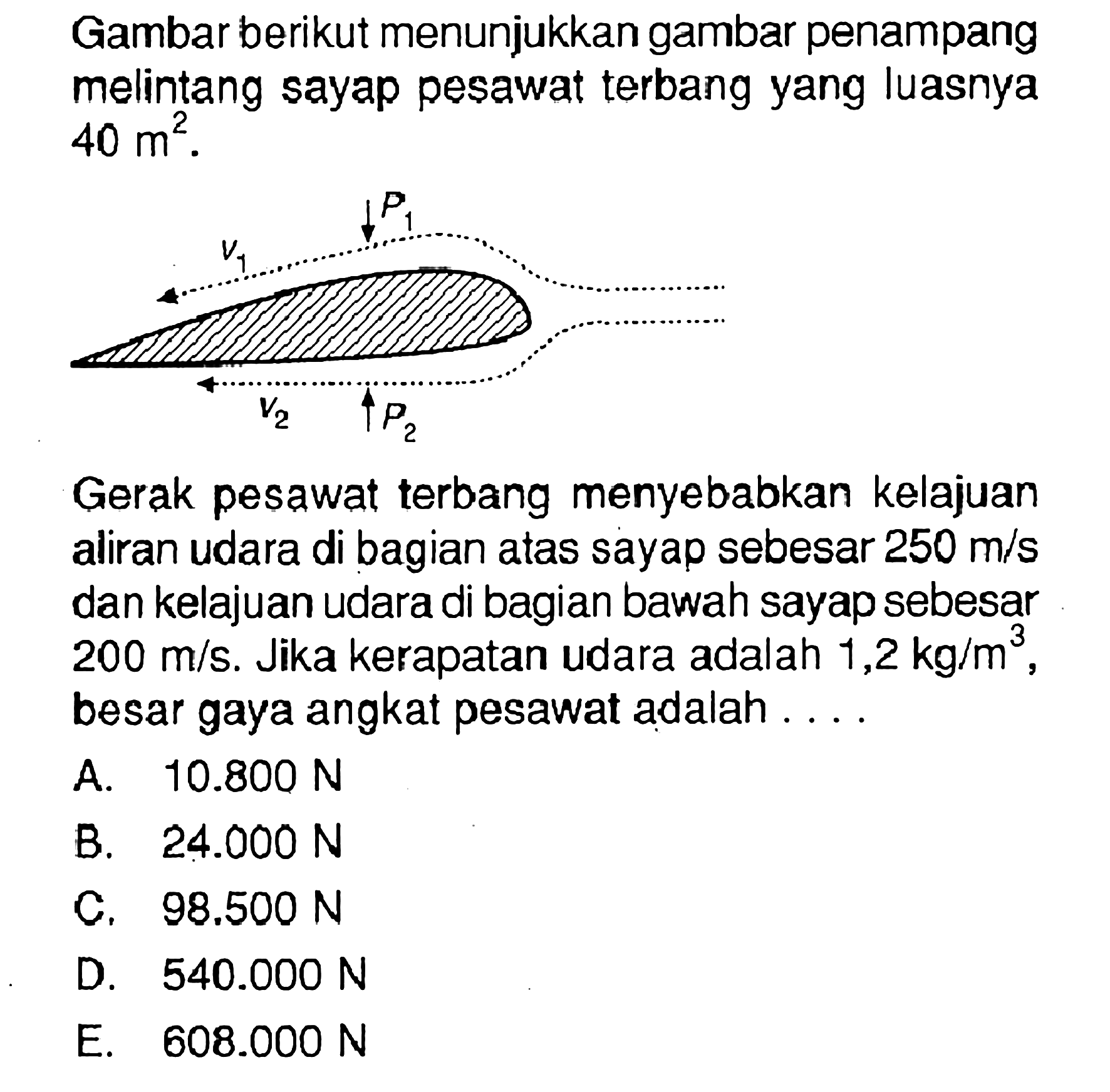 Gambar berikut menunjukkan gambar penampang melintang sayap pesawat terbang yang luasnya 40 m^2. Gerak pesawat terbang menyebabkan kelajuan aliran udara di bagian atas sayap sebesar 250 m/s dan kelajuan udara di bagian bawah sayap sebesar 200 m/s. Jika kerapatan udara adalah 1,2 kg/m^3, besar gaya angkat pesawat adalah....