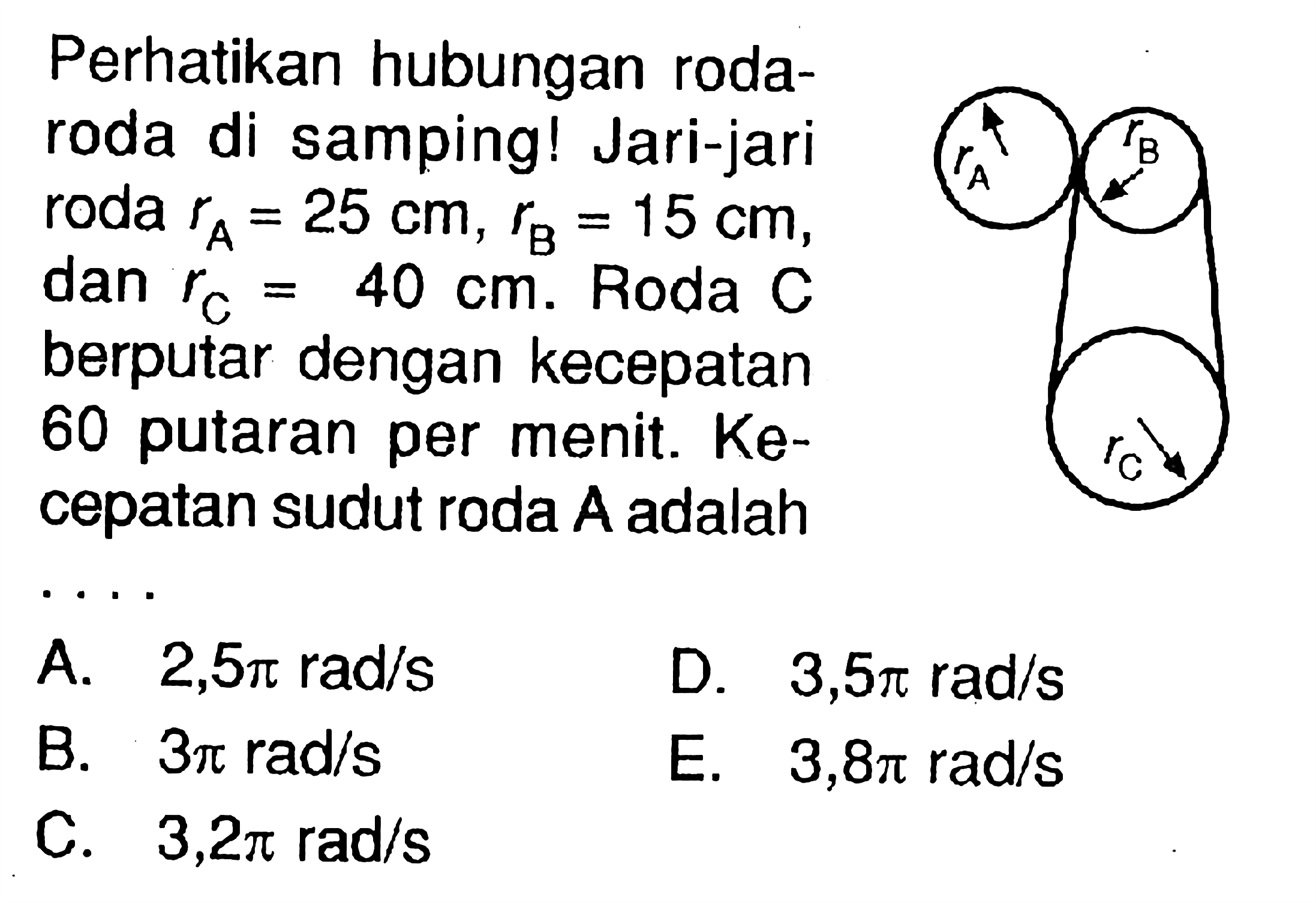 Perhatikan hubungan rodaroda di samping! Jari-jari roda  rA=25 cm, rB=15 cm , dan  rC=40 cm . Roda  C  berputar dengan kecepatan 60 putaran per menit. Kecepatan sudut roda  A  adalah . . . .rA rB rC