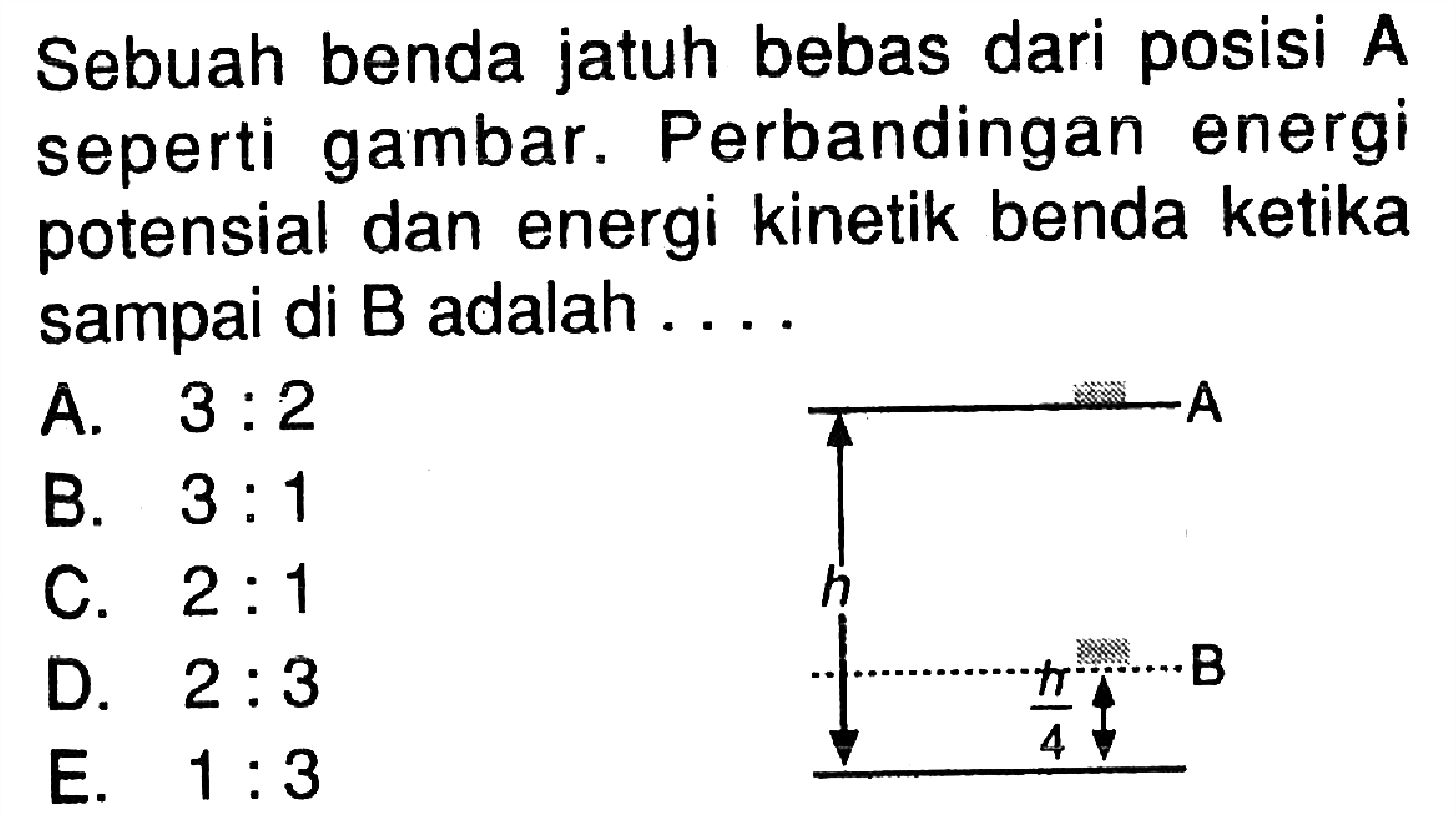 Sebuah benda jatuh bebas dari posisi A seperti gambar. Perbandingan energi potensial dan energi kinetik benda ketika sampai di B adalah....A h h/4 B A. 3:2 B. 3:1 C. 2:1 D. 2:3 E. 1:3