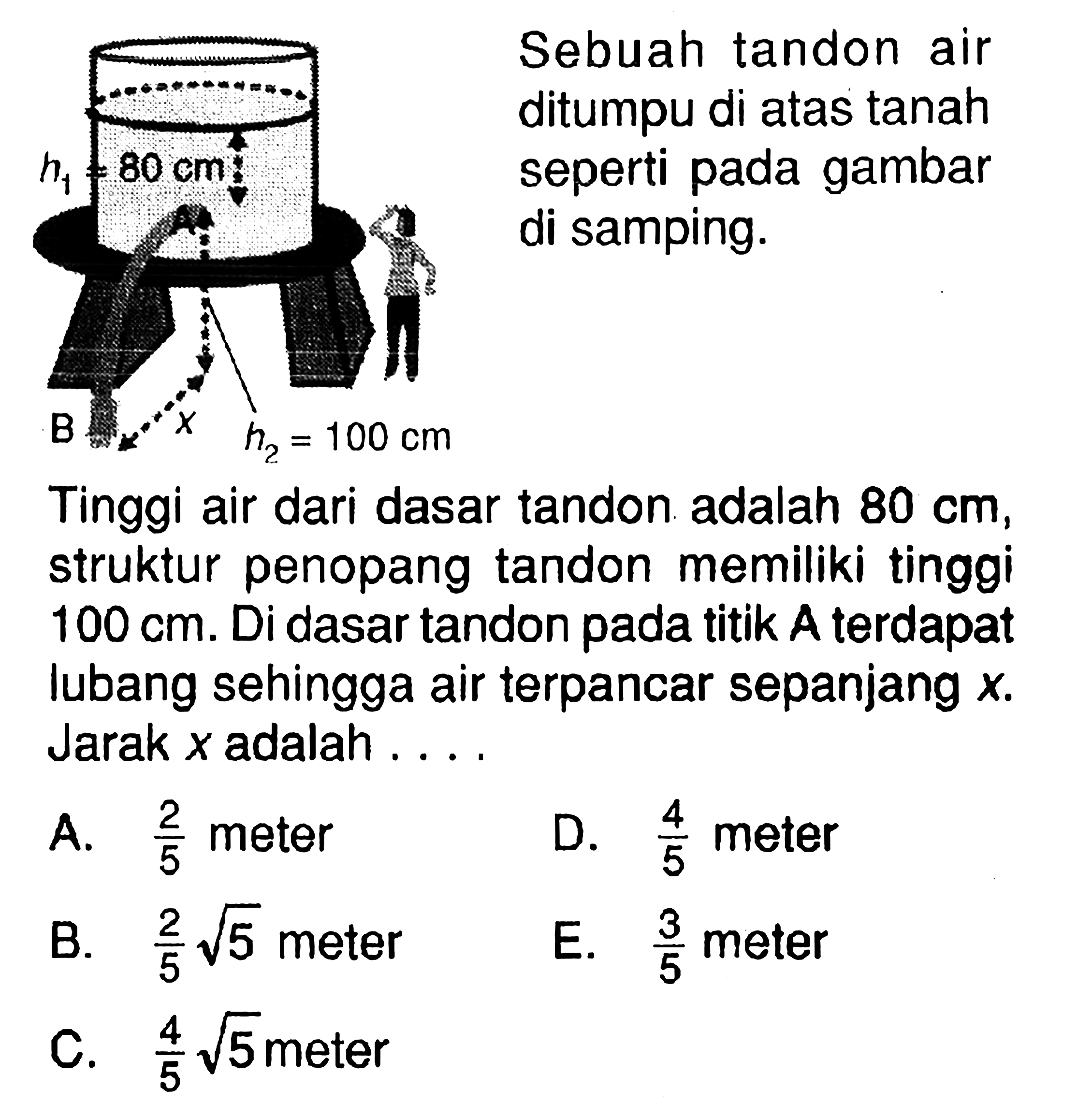 Sebuah tandon air ditumpu di atas tanah seperti pada gambar di samping.h1 80 cm x B h2 = 100 cm Tinggi air dari dasar tandon adalah  80 cm , struktur penopang tandon memiliki tinggi  100 cm . Di dasar tandon pada titik A terdapat lubang sehingga air terpancar sepanjang  x . Jarak  x  adalah .... 