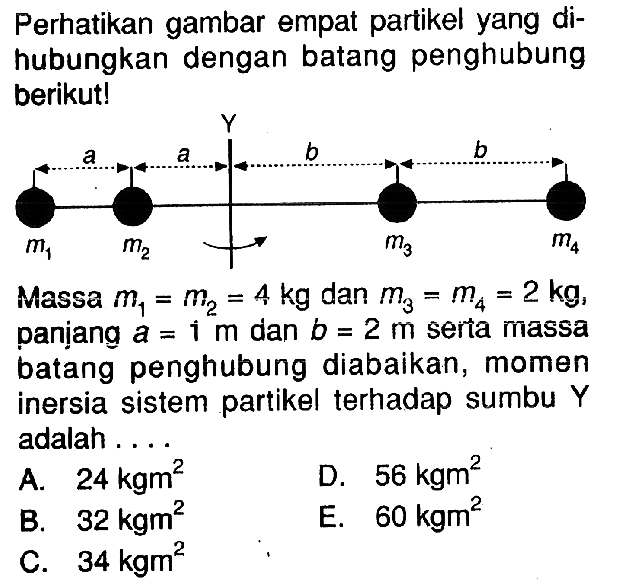 Perhatikan gambar empat partikel yang dihubungkan dengan batang penghubung berikut! m1 a m2 a b m3 b m4 Massa m1 = m2 = 4 kg dan m3 = m4 = 2 kg, panjang a = 1 m dan b = 2 m serta massa batang penghubung diabaikan, momen inersia sistem partikel terhadap sumbu Y adalah ...