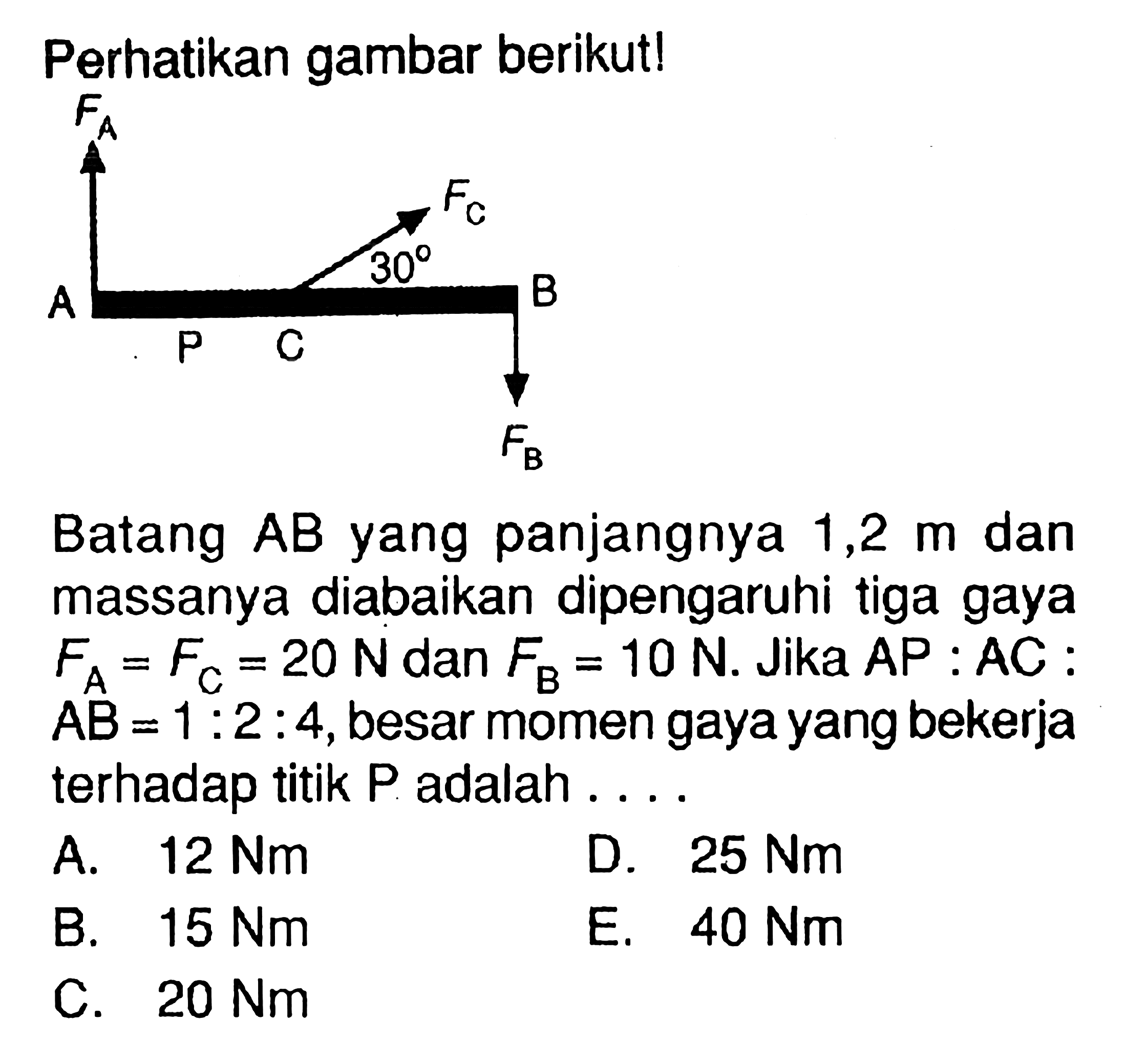 Perhatikan gambar berikut!FA FC 30 A P C B FBBatang  A B  yang panjangnya  1,2 m  dan massanya diabaikan dipengaruhi tiga gaya  FA=FC=20 N  dan  FB=10 N. Jika AP : AC :  A B=1: 2: 4 , besar momen gaya yang bekerja terhadap titik  kg  adalah .... 