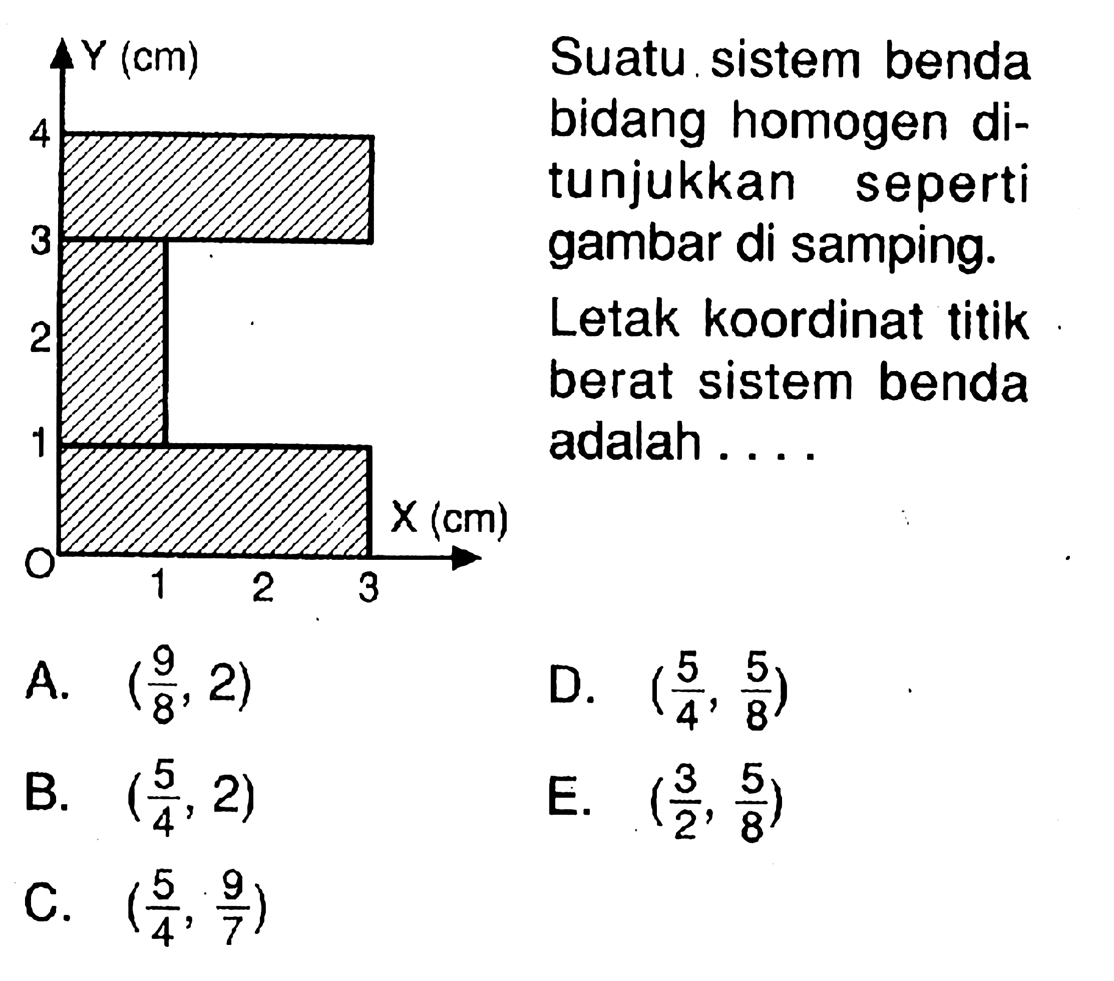 Y (cm) Suatu sistem benda bidang homogen ditunjukkan seperti gambar di samping. Letak koordinat titik berat sistem benda adalah .... X (cm) 1 2 3