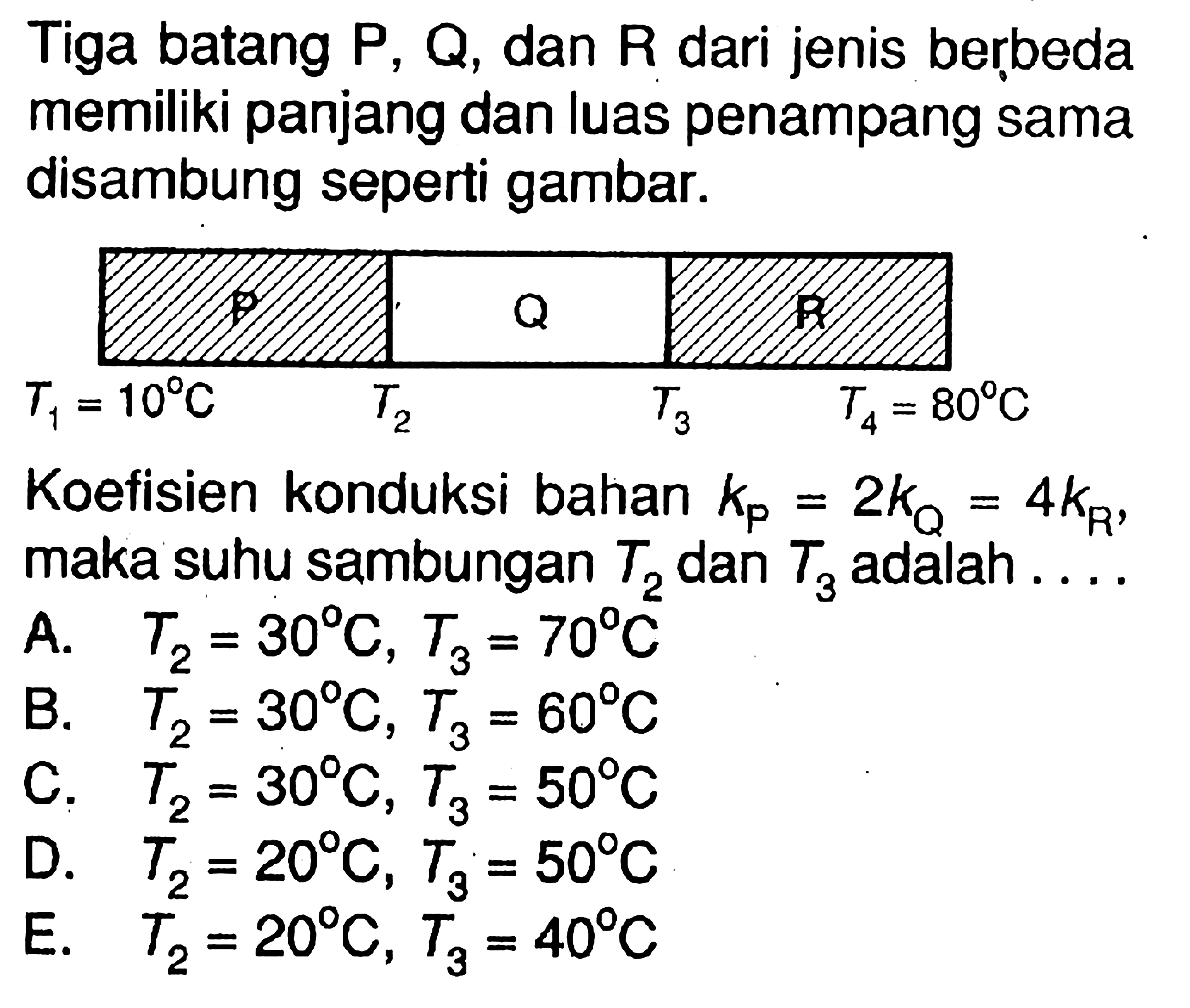 Tiga batang P, Q, dan R dari jenis berbeda memiliki panjang dan luas penampang sama disambung seperti gambar. P Q R T1=10 C T2 T3 T4=80 C Koefisien konduksi bahan maka kP=2kQ=4kR, maka suhu sambungan T2 dan T3 adalah .... A. T2=30 C, T3=70 C B. T2=30 C, T3=60 C C. T2=30 C, T3=50 C D. T2=20 C, T3=50 C E. T2=20 C, T3=40 C 