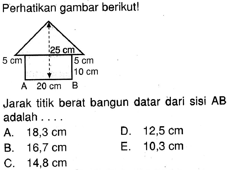 Perhatikan gambar berikut! Jarak titik berat bangun datar dari sisi AB adalah . . . .