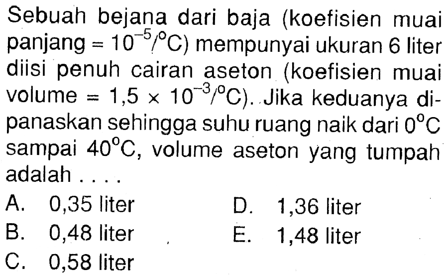 Sebuah bejana dari baja (koefisien muai panjang=10^(-5)/C  ) mempunyai ukuran 6 liter diisi penuh cairan aseton (koefisien muai volume=1,5 x 10^(-3)/C). Jika keduanya dipanaskan sehingga suhu ruang naik dari  0 C  sampai  40 C, volume aseton yang tumpah adalah .... 