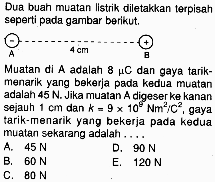 Dua buah muatan listrik diletakkan terpisah seperti pada gambar berikut. A 4 cm B Muatan di A adalah 8 mu C dan gaya tarik-menarik yang bekerja pada kedua muatan adalah 45 N. Jika muatan A digeser ke kanan sejauh 1 cm dan k=9 x 10^9 Nm^2/C^2, gaya tarik-menarik yang bekerja pada kedua muatan sekarang adalah ....