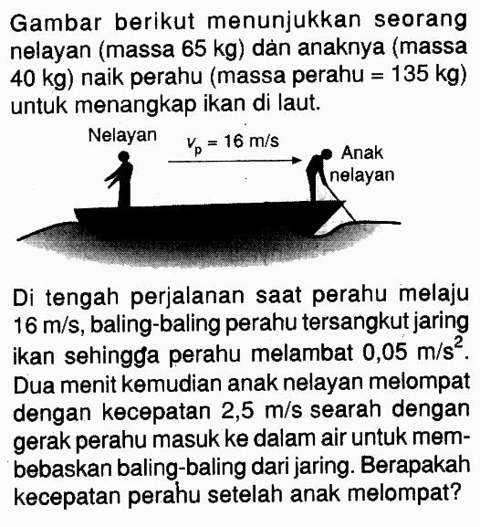 Gambar berikut menunjukkan seorang nelayan (massa 65 kg ) dàn anaknya (massa 40 kg ) naik perahu (massa perahu =135 kg ) untuk menangkap ikan di laut.Di tengah perjalanan saat perahu melaju 16 m/s, baling-baling perahu tersangkut jaring ikan sehingga perahu melambat 0,05 m/s^2. Dua menit kemudian anak nelayan melompat dengan kecepatan 2,5 m/s searah dengan gerak perahu masuk ke dalam air untuk membebaskan baling-baling dari jaring. Berapakah kecepatan perahu setelah anak melompat?