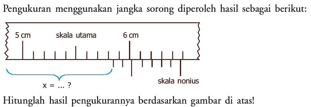 Pengukuran menggunakan jangka sorong diperoleh hasil sebagai berikut: 5 cm skala utama 6 cm skala nonius x = ...? Hitunglah hasil pengukurannya berdasarkan gambar di atas!