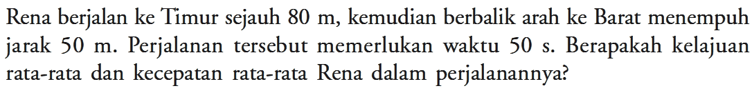 Rena berjalan ke Timur sejauh  80 m , kemudian berbalik arah ke Barat menempuh jarak  50 m . Perjalanan tersebut memerlukan waktu  50 s . Berapakah kelajuan rata-rata dan kecepatan rata-rata Rena dalam perjalanannya? 