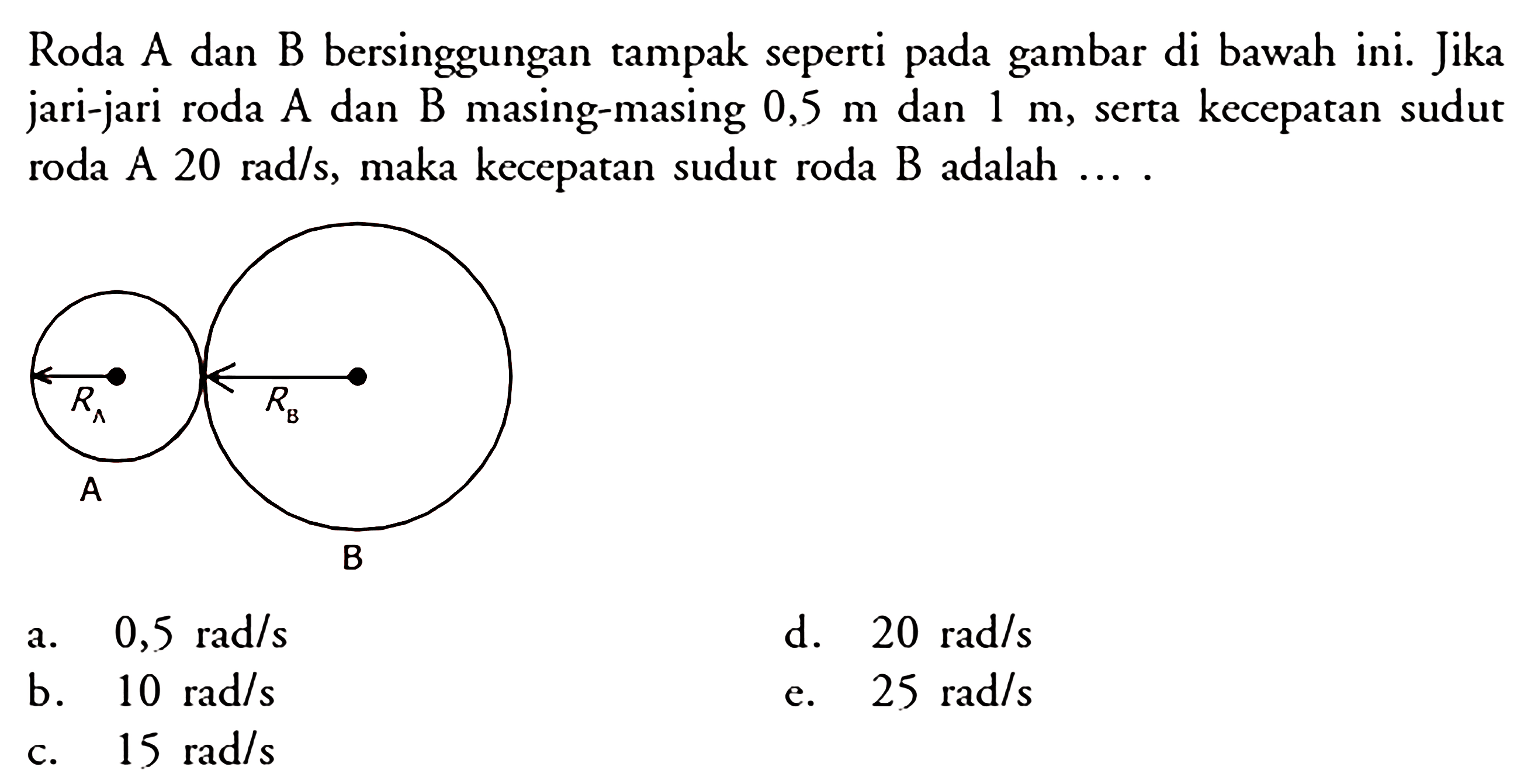 Roda A dan B bersinggungan tampak seperti pada gambar di bawah ini. Jika jari-jari roda A dan B masing-masing  0,5 m dan 1 m, serta kecepatan sudut roda A  20 rad/s , maka kecepatan sudut roda B adalah....