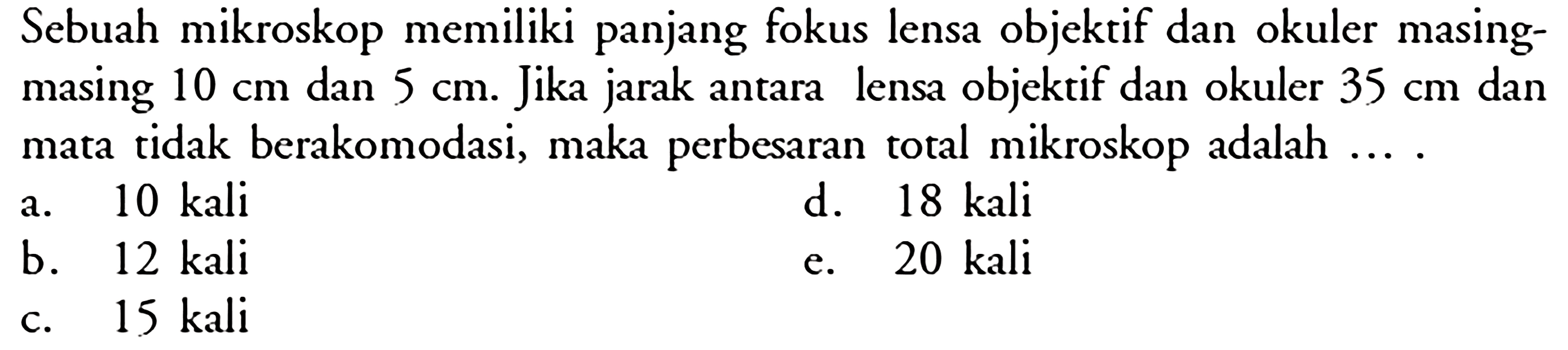 Sebuah mikroskop memiliki panjang fokus lensa objektif dan okuler masing-masing 10 cm dan 5 cm. Jika jarak antara lensa objektif dan okuler 35 cm dan mata tidak berakomodasi, maka perbesaran total mikroskop adalah ....