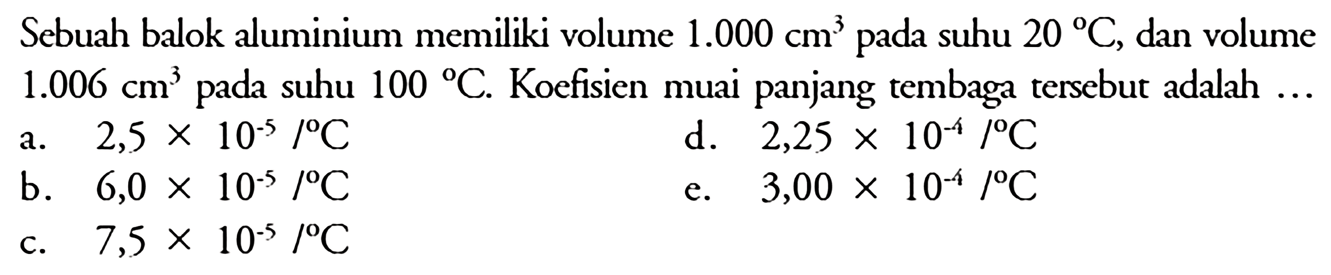 Sebuah balok aluminium memiliki volume 1.000 cm^3 pada suhu 20 C, dan volume 1.006 cm^3 pada suhu 100 C. Koefisien muai panjang tembaga tersebut adalah ... 