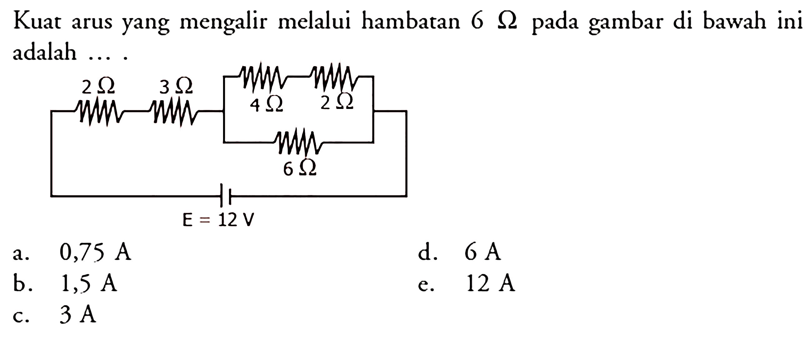 Kuat arus yang mengalir melalui hambatan 6 Ohm pada gambar di bawah ini adalah.... 2 Ohm, 3 Ohm, 4 Ohm, 2 Ohm, 6 Ohm, E=12 V