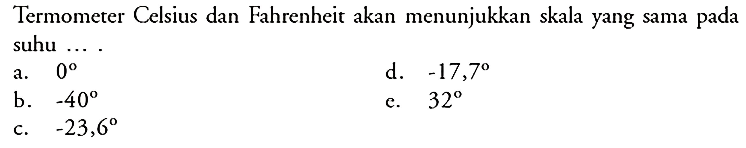 Termometer Celsius dan Fahrenheit akan menunjukkan skala yang sama pada suhu ....