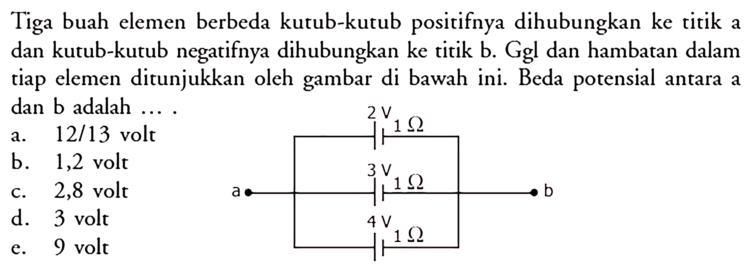 Tiga buah elemen berbeda kutub-kutub positifnya dihubungkan ke titik a dan kutub-kutub negatifnya dihubungkan ke titik b. Ggl dan hambatan dalam tiap elemen ditunjukkan oleh gambar di bawah ini. Beda potensial antara a dan b adalah ... a 2 V 1 ohm 3 V 1 ohm 4 V 1 ohm