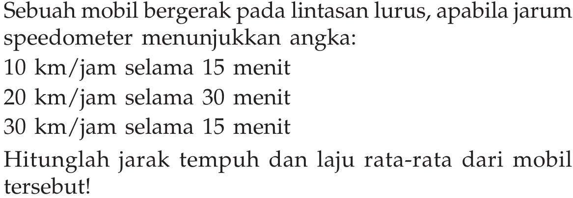 Sebuah mobil bergerak pada lintasan lurus, apabila jarum speedometer menunjukkan angka:  10 km/jam  selama 15 menit  20 km/jam  selama 30 menit  30 km/jam  selama  15 menit  Hitunglah jarak tempuh dan laju rata-rata dari mobil tersebut! 