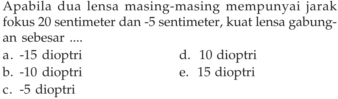 Apabila dua lensa masing-masing mempunyai jarak fokus 20 sentimeter dan  -5  sentimeter, kuat lensa gabungan sebesar ....