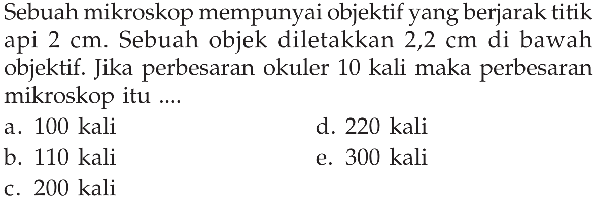 Sebuah mikroskop mempunyai objektif yang berjarak titik api 2 cm. Sebuah objek diletakkan 2,2 cm di bawah objektif. Jika perbesaran okuler 10 kali maka perbesaran mikroskop itu ....