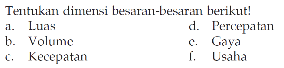 Tentukan dimensi besaran-besaran berikut! a. Luas b. Volume c. Kecepatan d. Percepatan e. Gaya f. Usaha 