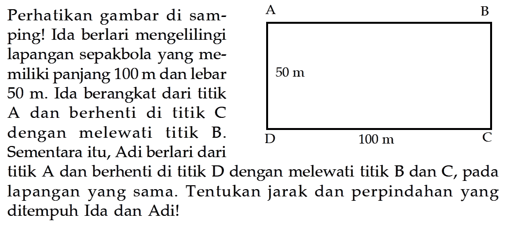 Perhatikan gambar di samping! Ida berlari mengelilingi lapangan sepakbola yang memiliki panjang 100 m dan lebar 50 m. Ida berangkat dari titik A dan berhenti di titik C dengan melewati titik B. Sementara itu, Adi berlari dari titik A dan berhenti di titik D dengan melewati titik B dan C, pada lapangan yang sama. Tentukan jarak dan perpindahan yang ditempuh Ida dan Adi!