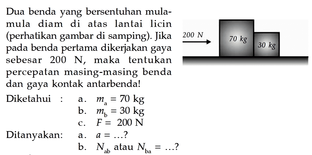 Dua benda yang bersentuhan mula-mula diam di atas lantai licin(perhatikan gambar di samping). Jikapada benda pertama dikerjakan gayasebesar  200 N , maka tentukanpercepatan masing-masing bendadan gaya kontak antarbenda!Diketahui : a.  ma=70 kg b.  mb=30 kg c.  F=200 N Ditanyakan : a.  a= ...?b.  Nab atau Nba= ...?