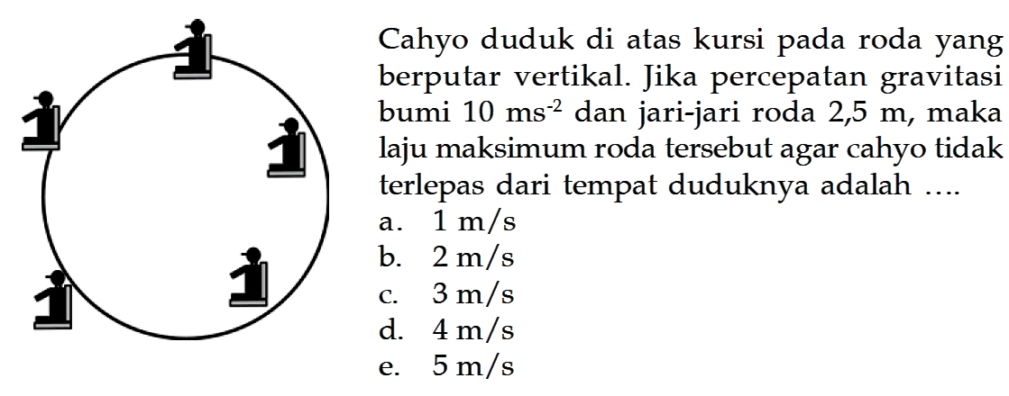 Cahyo duduk di atas kursi pada roda yang berputar vertikal. Jika percepatan gravitasi bumi 10 ms^(-2) dan jari-jari roda 2,5 m, maka laju maksimum roda tersebut agar cahyo tidak terlepas dari tempat duduknya adalah .... 