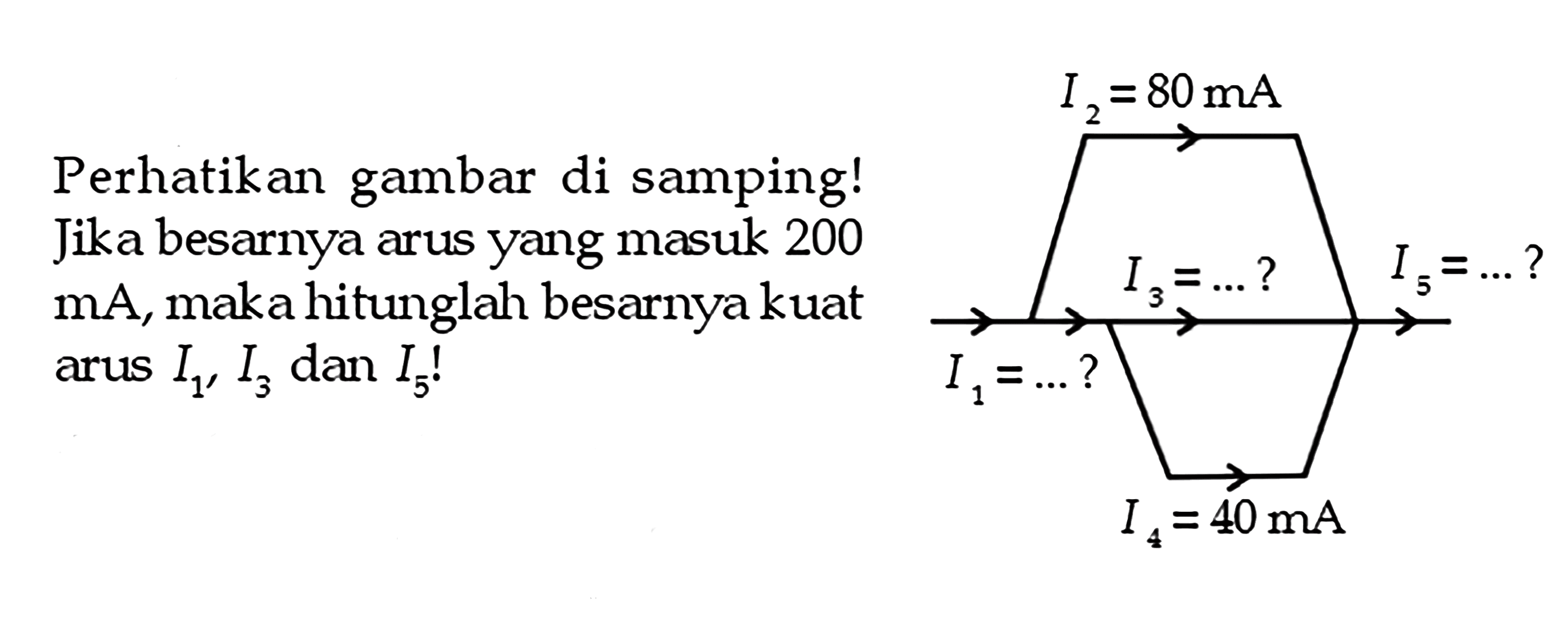 Perhatikan gambar di samping! Jika besarnya arus yang masuk 200 mA, maka hitunglah besarnya kuat arus I1, I3, dan I5!