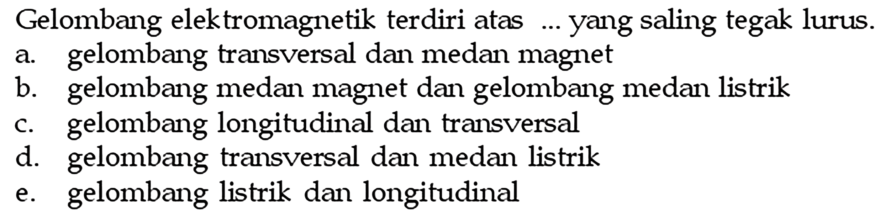 Gelombang elektromagnetik terdiri atas ... yang saling tegak lurus.