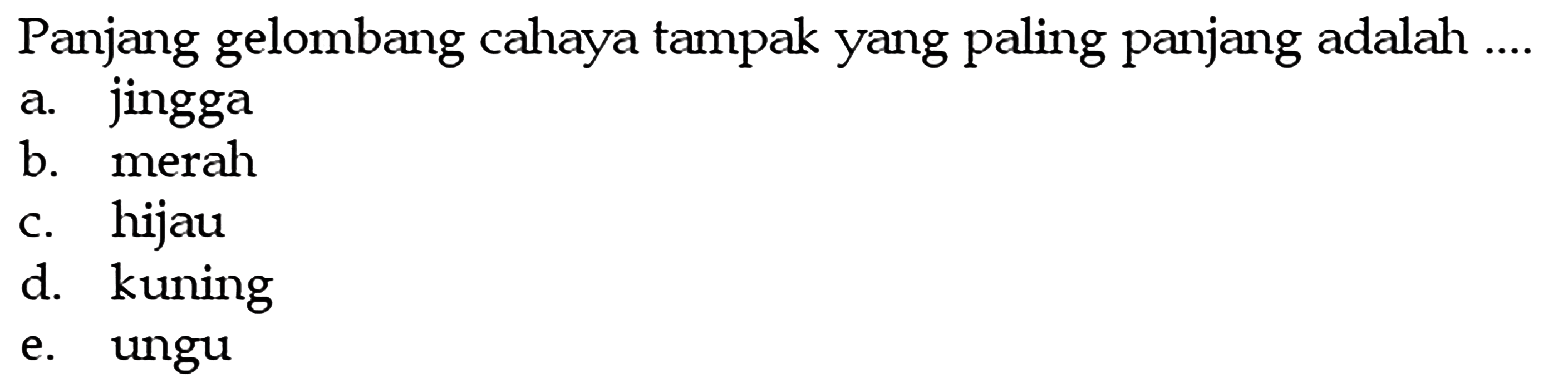 Panjang gelombang cahaya tampak yang paling panjang adalah ....